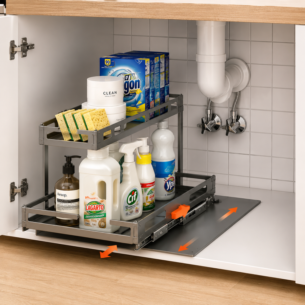 2Pcs Under Sink Organizer 2 Tier Pull Out Cabinet Baskets Storage Shelf Sliding Storage Drawers Rack With 5 Adjustable Height Mesh Baskets For Home Kitchen Bathroom Office