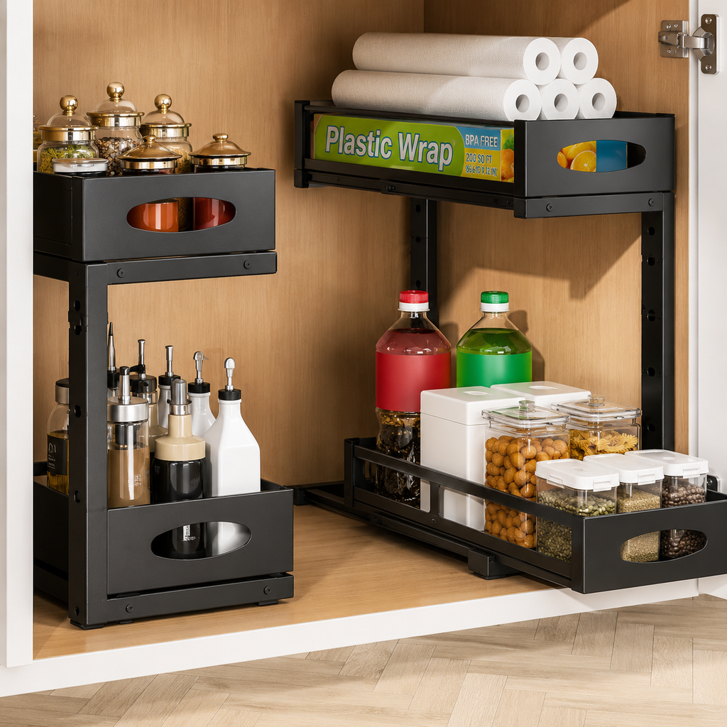 2Pcs Under Sink Organizer 2 Tier Pull Out Cabinet Baskets Storage Shelf Sliding Storage Drawers Rack With 5 Adjustable Height Mesh Baskets For Home Kitchen Bathroom Office