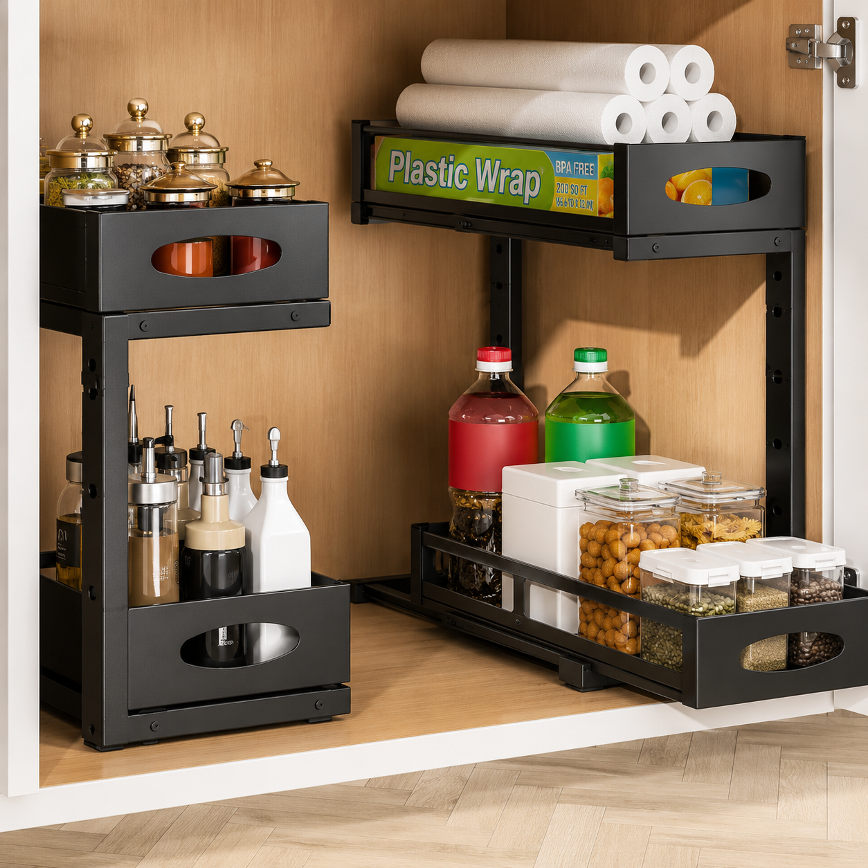 2Pcs Under Sink Organizer 2 Tier Pull Out Cabinet Baskets Storage Shelf Sliding Storage Drawers Rack With 5 Adjustable Height Mesh Baskets For Home Kitchen Bathroom Office